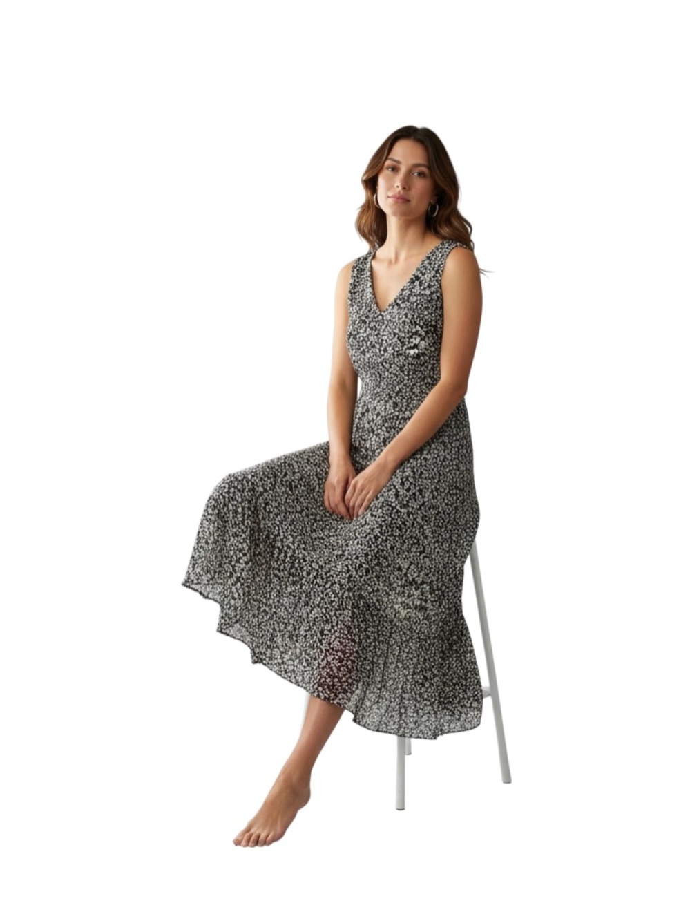 Danny & Nicole Black and White Floral V-Neck Midi Dress